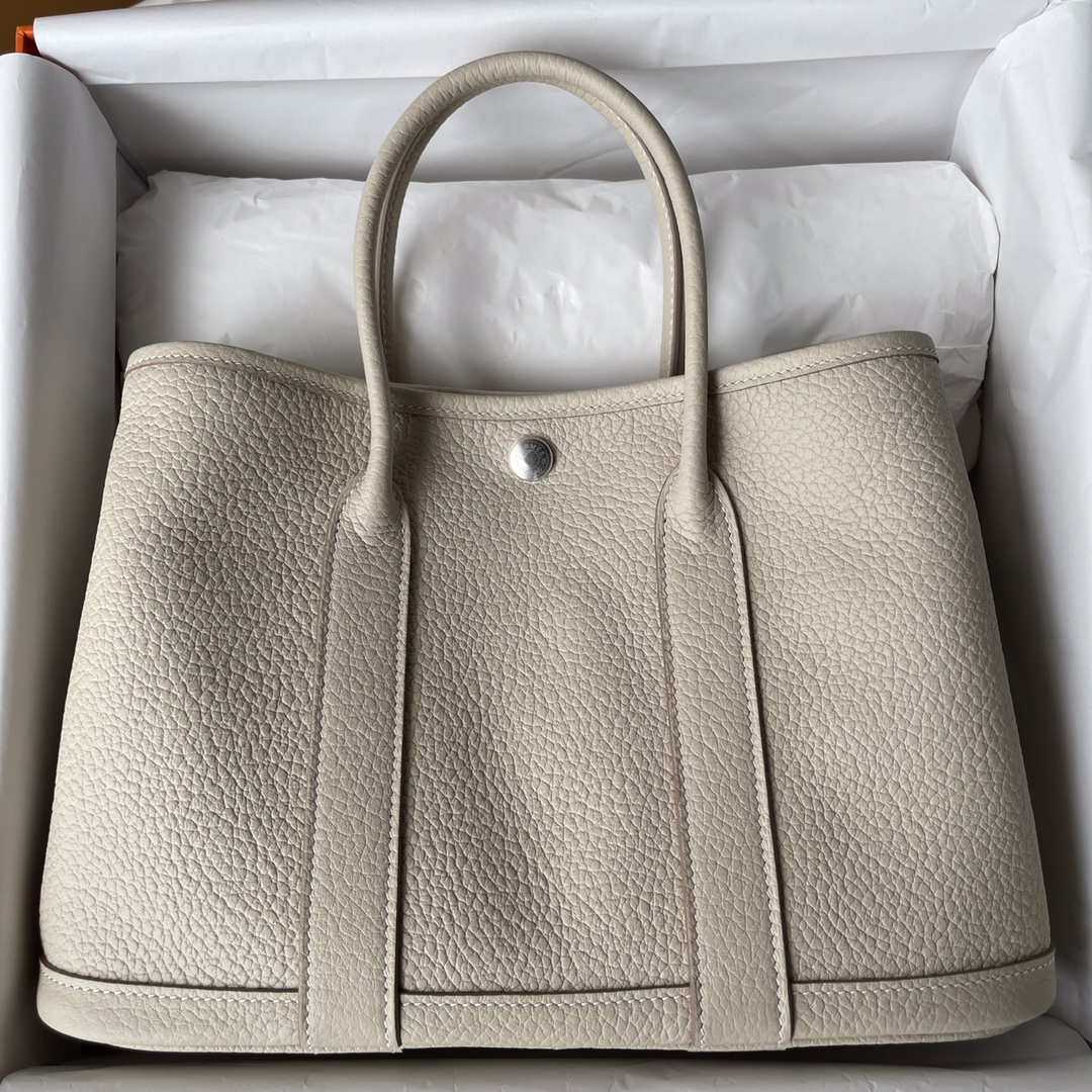 Hermes Garden Party 30cm Tote Handbag In Pearl White Clemence Leather